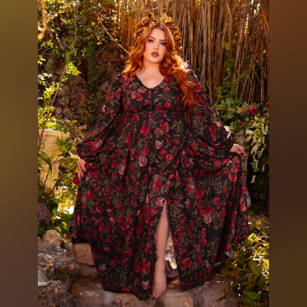 La Femme En Noir Heroine Maxi Dress With Pomegranate Print